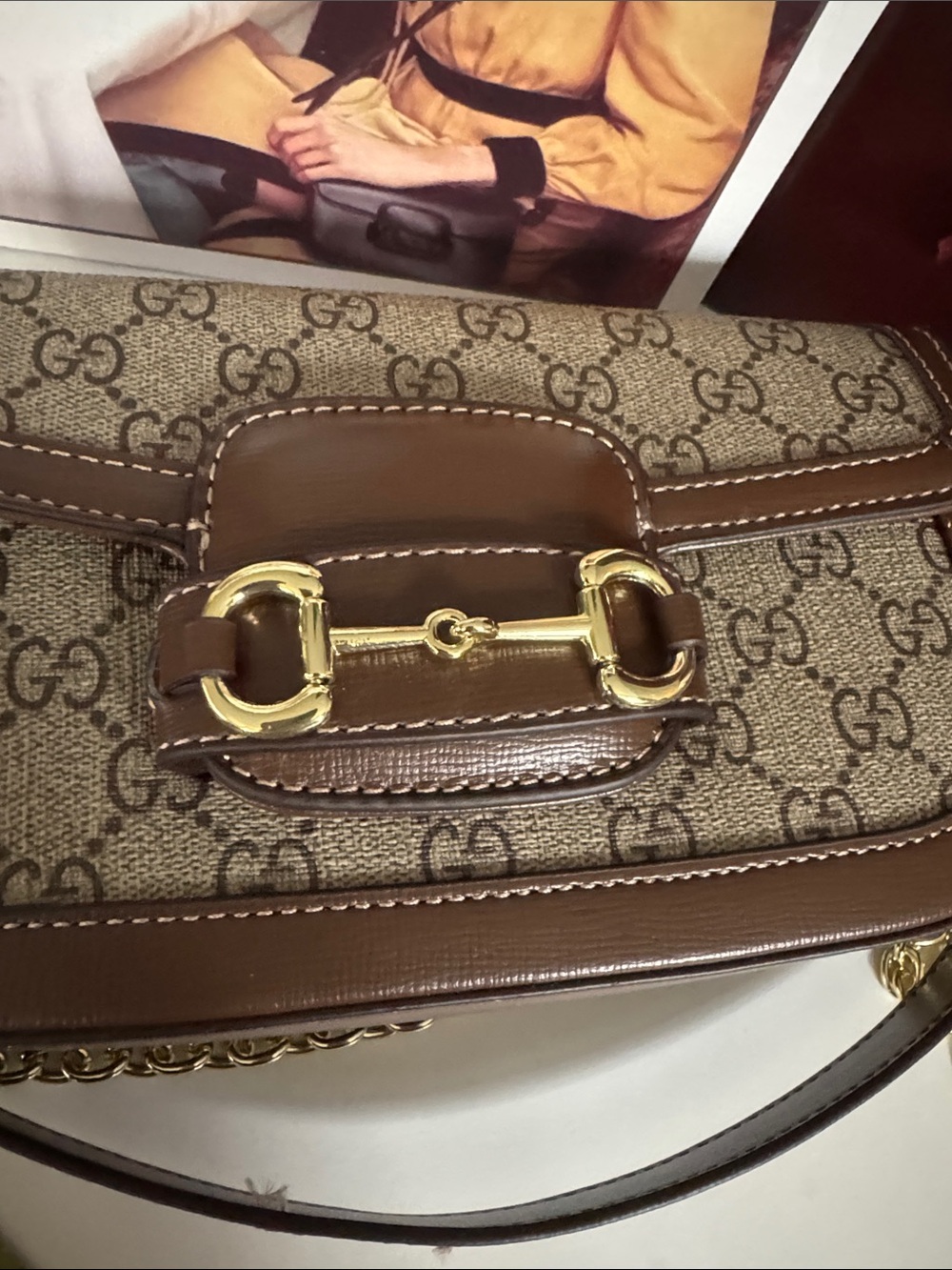 Gucci Brown Beige GG Canvas Shoulder Bag with Gold Chain - Picture 6 of 8